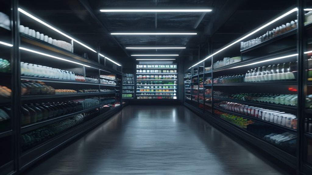 Photorealistic wide shot of a minimalist grocery aisle. Sleek electronic shelf labels glow with soft white light against