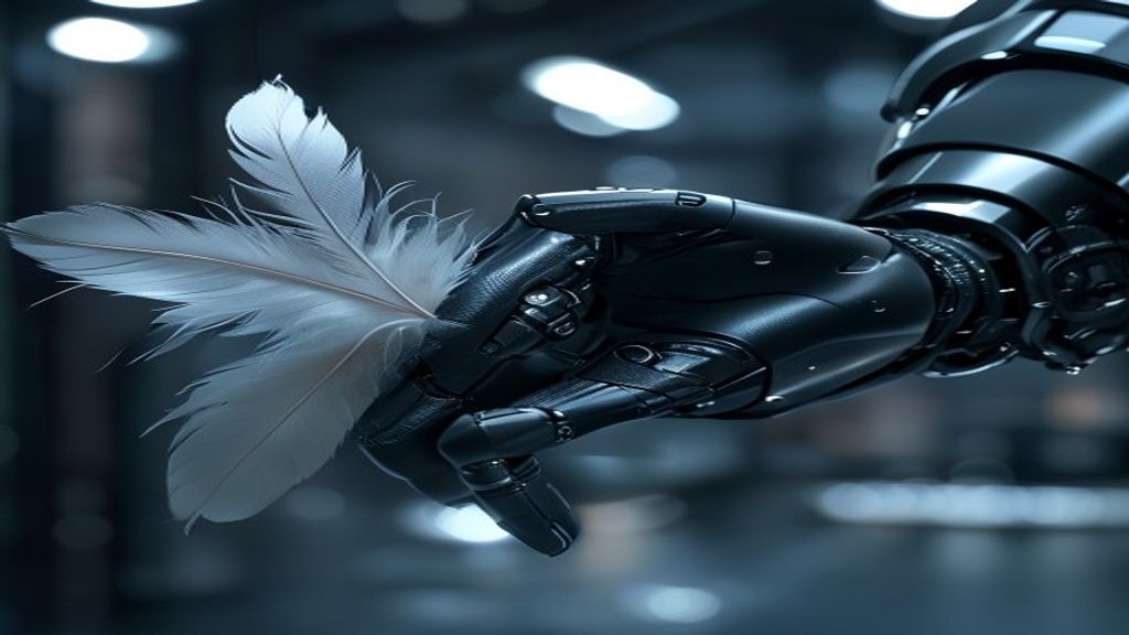 Photorealistic close-up of a sleek, matte-black robotic hand holding an antique white feather quill. Soft bokeh backgrou