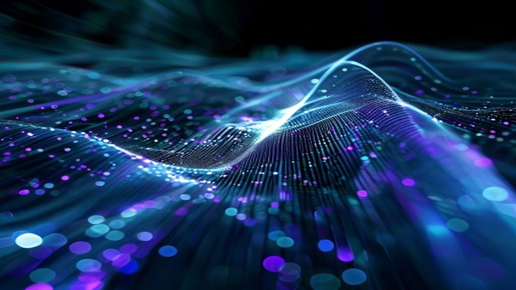 Modern abstract visualization of a voice waveform transforming into luminous data streams within a bundle of fiber optic