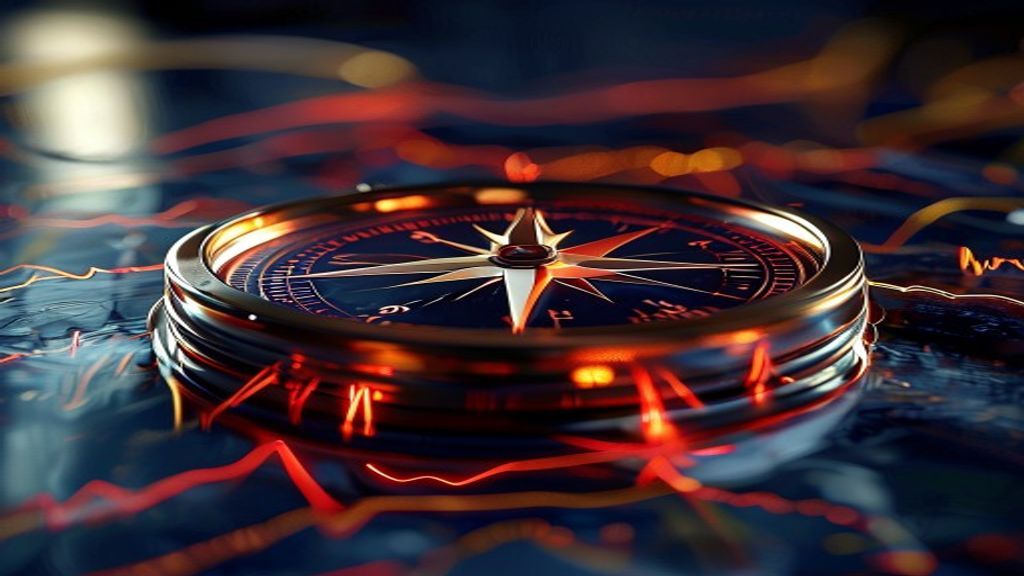 Modern abstract composition featuring a rustic compass on a sleek glass surface. Beneath the glass, blurred glowing geom