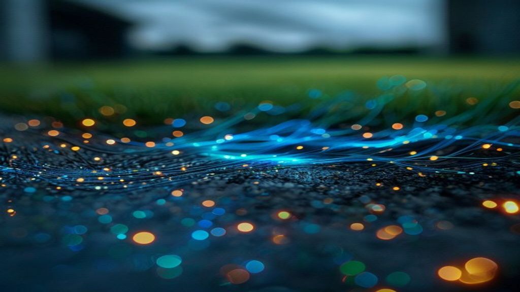 Modern abstract macro shot. Glowing blue fiber-optic data streams pulsing through weathered industrial concrete. In the 