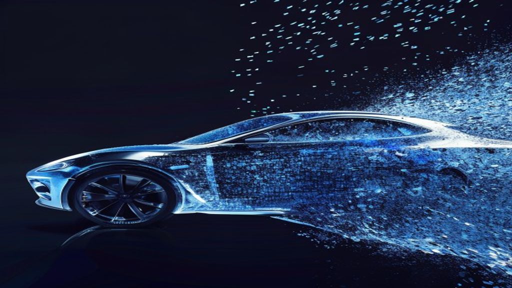Modern abstract digital art. A sleek metallic car panel being dissolved by crystalline blue pixels. A recurring geometri