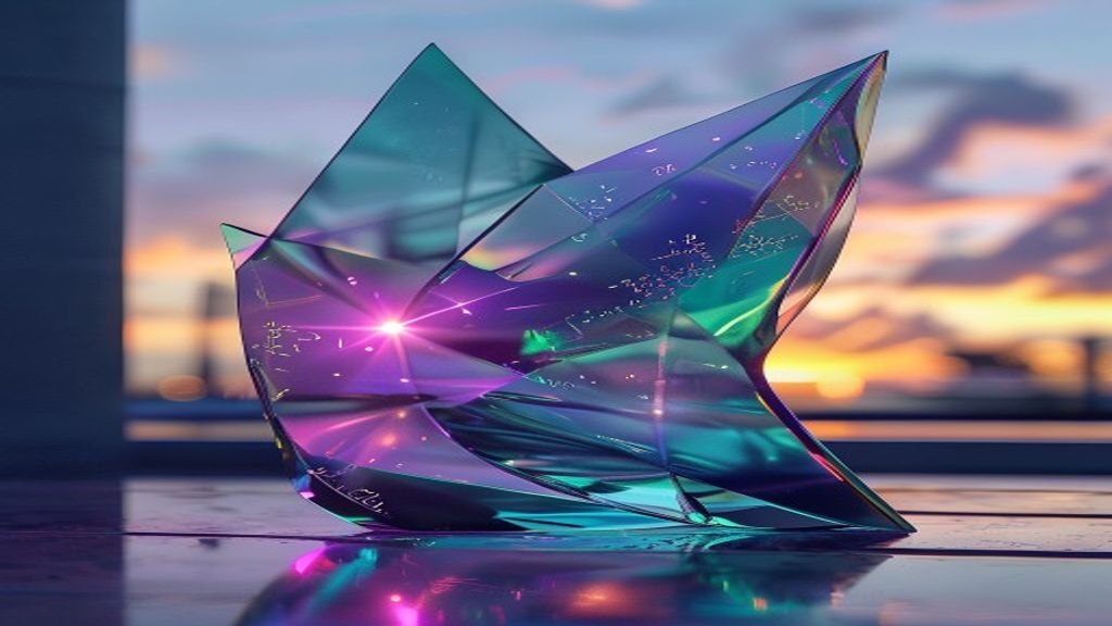 Abstract glass sculpture of a complex mathematical formula reflecting a Miami sunset. Teal and violet light glimmers off