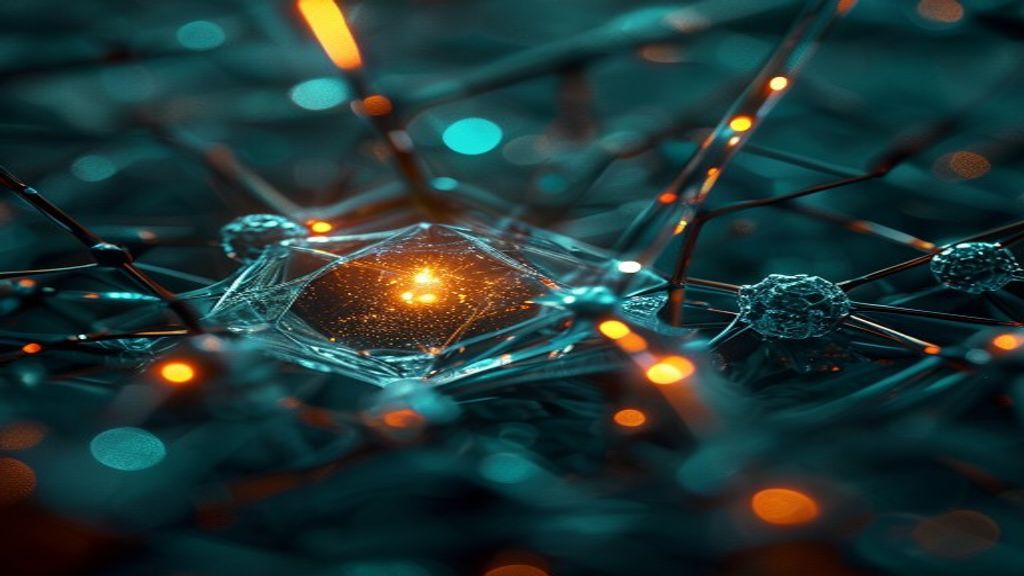 Photorealistic macro shot of a crystalline neural network. A central pulse of light is refracted and distorted by an opa