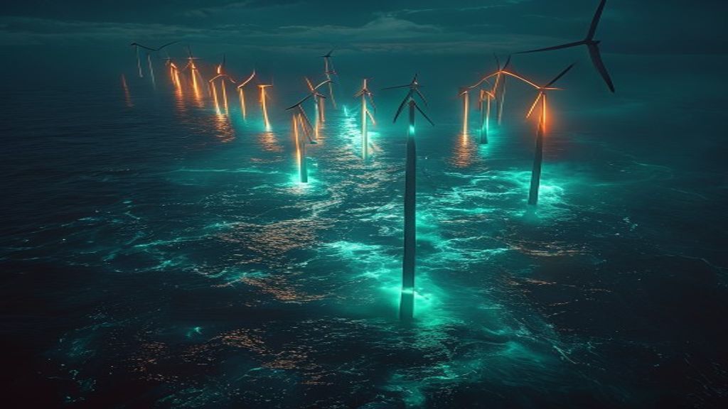 Aerial cinematic view of a massive offshore wind farm at twilight. Glowing power cables descend from turbine bases into 