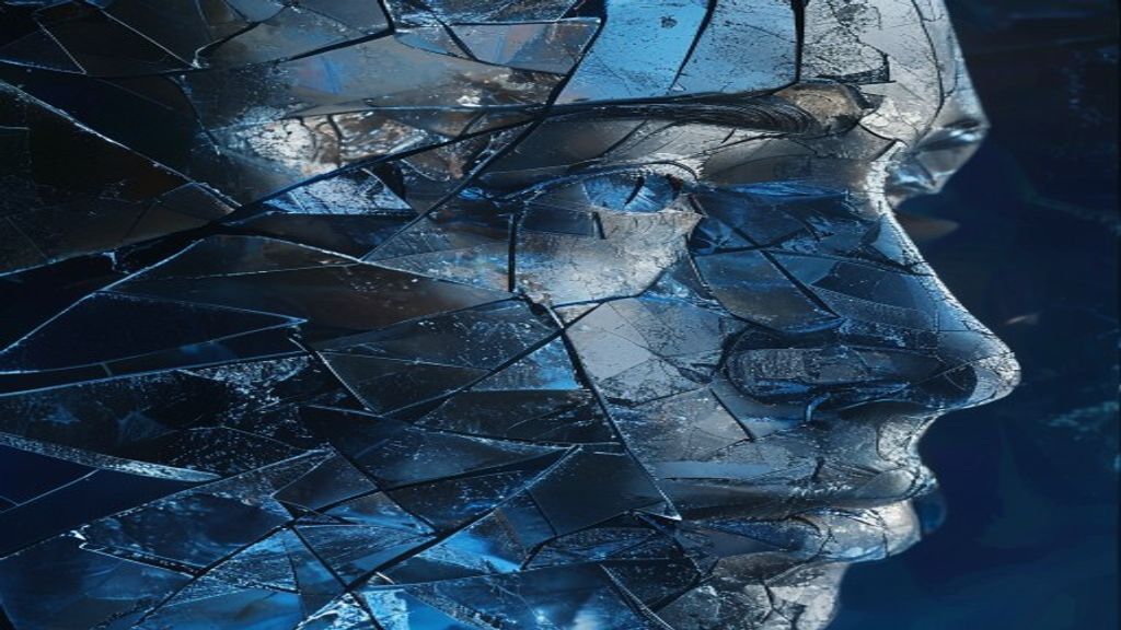 Abstract modern composition of a human face made of cracked glass shards. Dramatic side lighting, deep shadows, cold blu