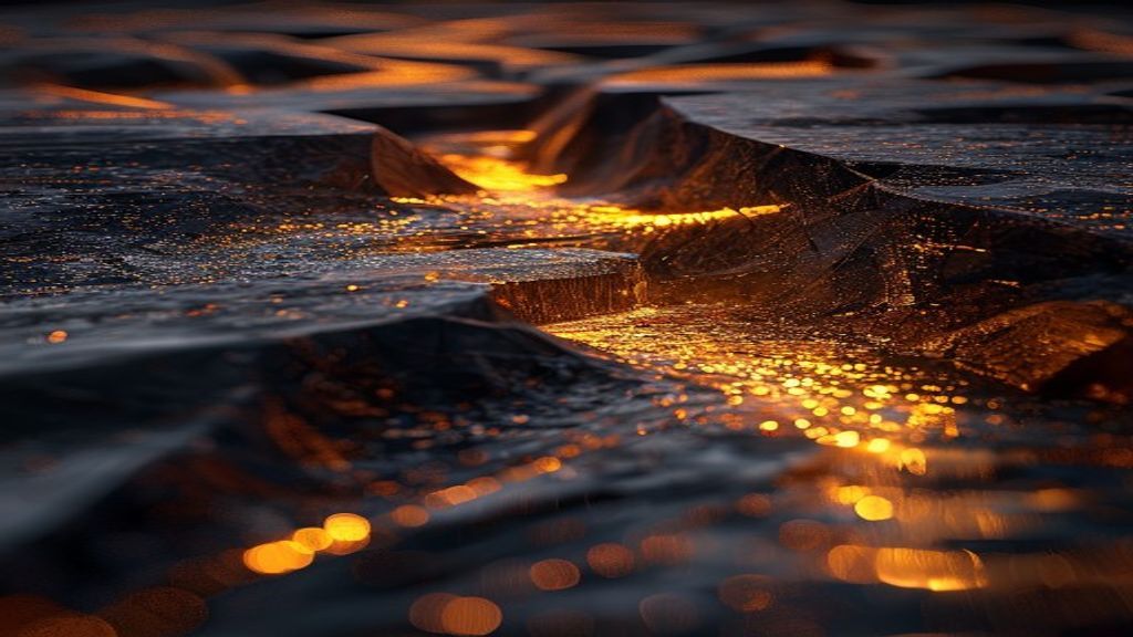 Modern abstract visualization of a narrow golden digital river representing trillions in data. A dark geometric monolith