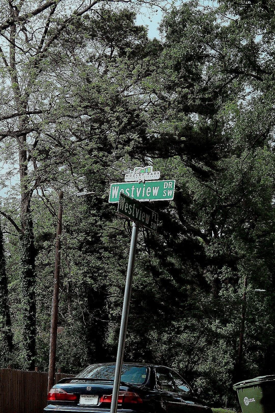 a street sign on a pole in front of some trees