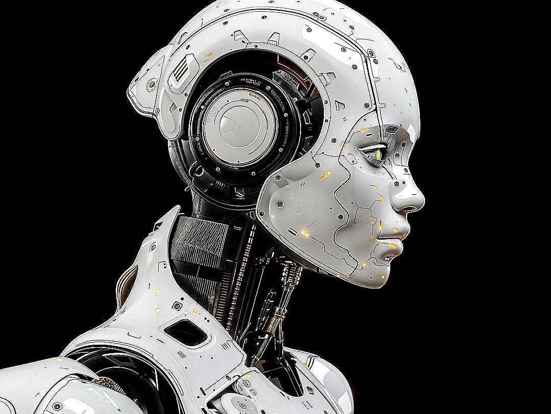 A white robot is standing in front of a black background