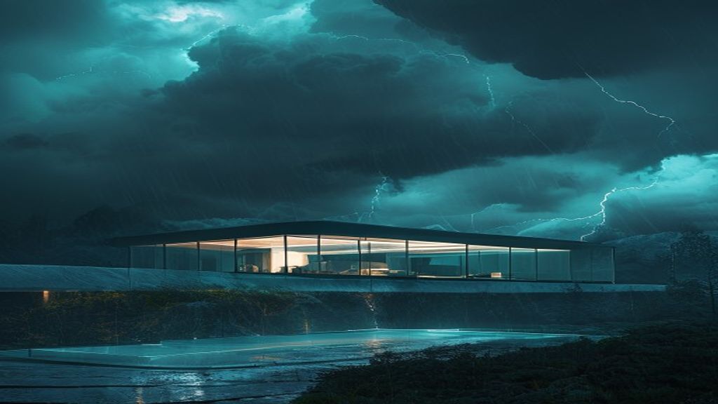 A minimalist, cinematic shot of a modern glass house illuminated from within, surrounded by towering, dark storm clouds 