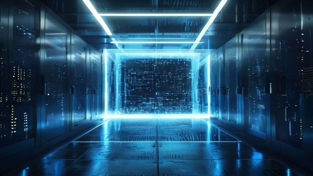 Cinematic wide shot of a futuristic server farm. A holographic door frame stands in the center, flickering with digital 