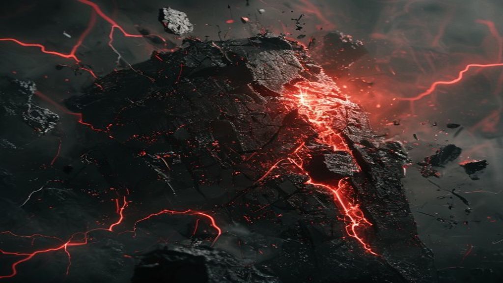 Cinematic close-up of a shattered digital monolith in a dark, foggy void. Harsh crimson light leaking through cracks, gl