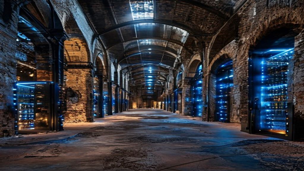 Cinematic interior of a vast, repurposed Italian brick factory. Modern server racks with glowing blue LEDs integrated in