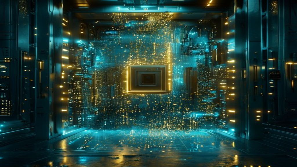 Cinematic wide shot of a futuristic data vault door constructed from glowing blue circuitry. A single golden-yellow digi