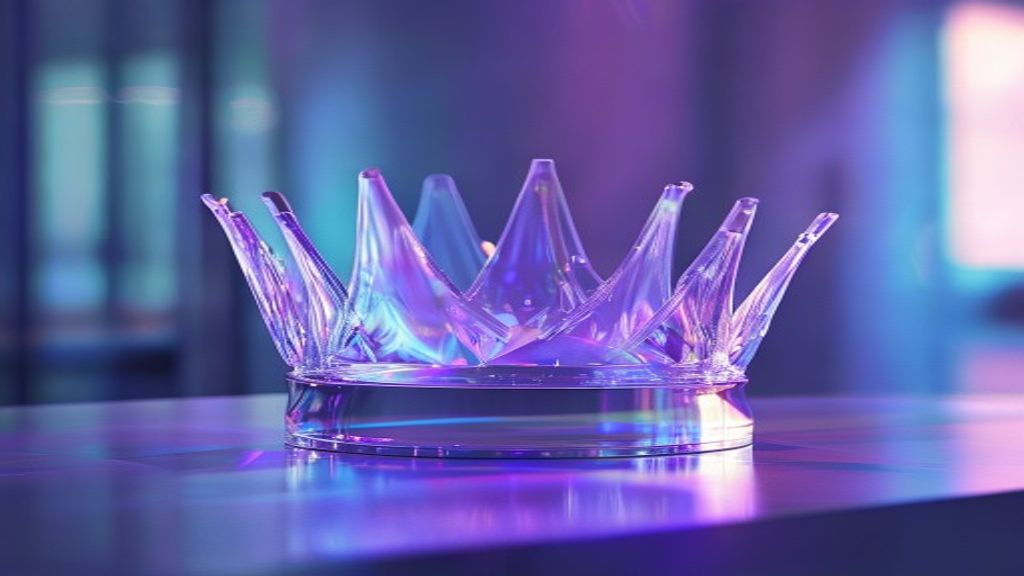 Modern abstract composition featuring a translucent holographic crown hovering above a minimalist glass desk. Prismatic 