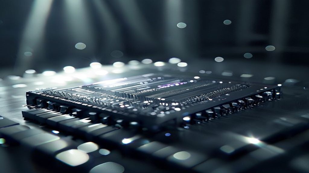 Macro shot of a shimmering, translucent processor core under intense white spotlights. Prismatic light refracts through 