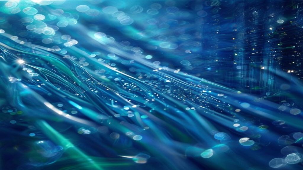 Abstract digital visualization of data streams pulsing through translucent fiber-optic cables submerged in deep turquois