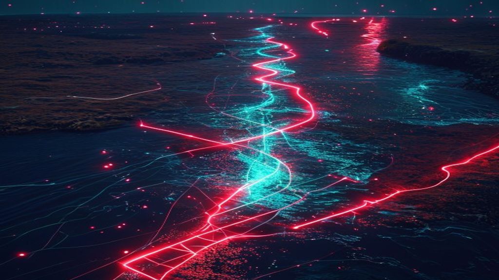 Photorealistic aerial view of a stylized strait at night. Glowing neon data lines converge in the water. A digital holog