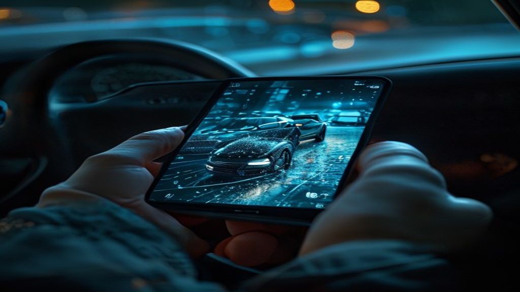 Cinematic macro shot of a driver’s hand holding a mobile device. The screen shows a hyper-realistic but digitally distor
