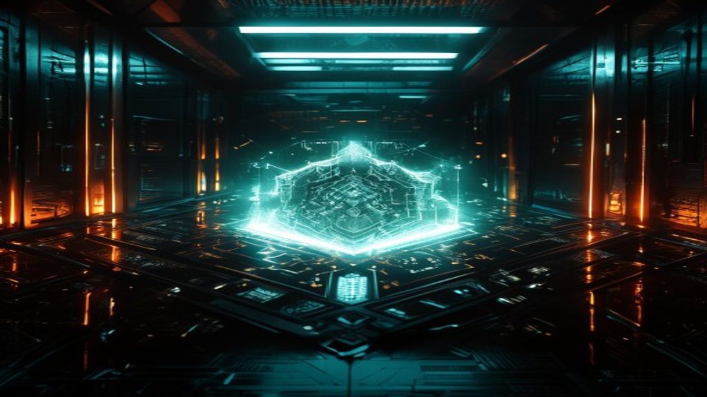 A monolithic computing core glowing with ethereal white light in a dark, atmospheric server room. Intricate geometric pa