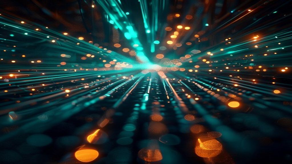 Cinematic underground view of a glowing fiber optic network. Prismatic light leaks through the cables like whispered sec