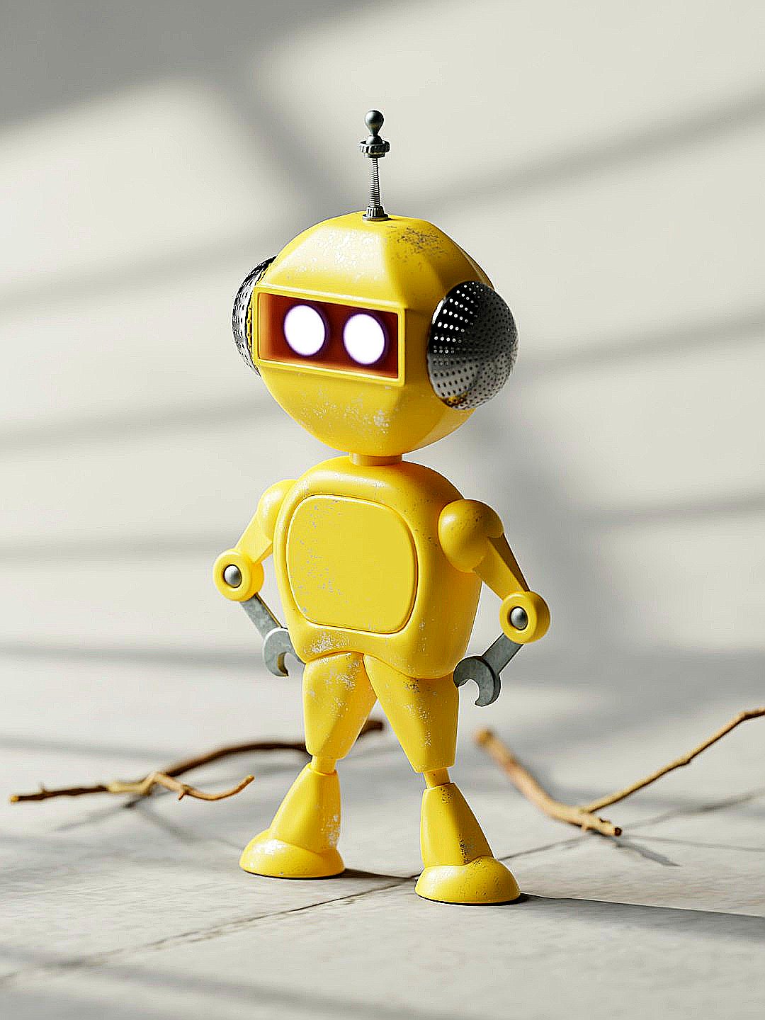 a yellow robot is standing on a tile floor