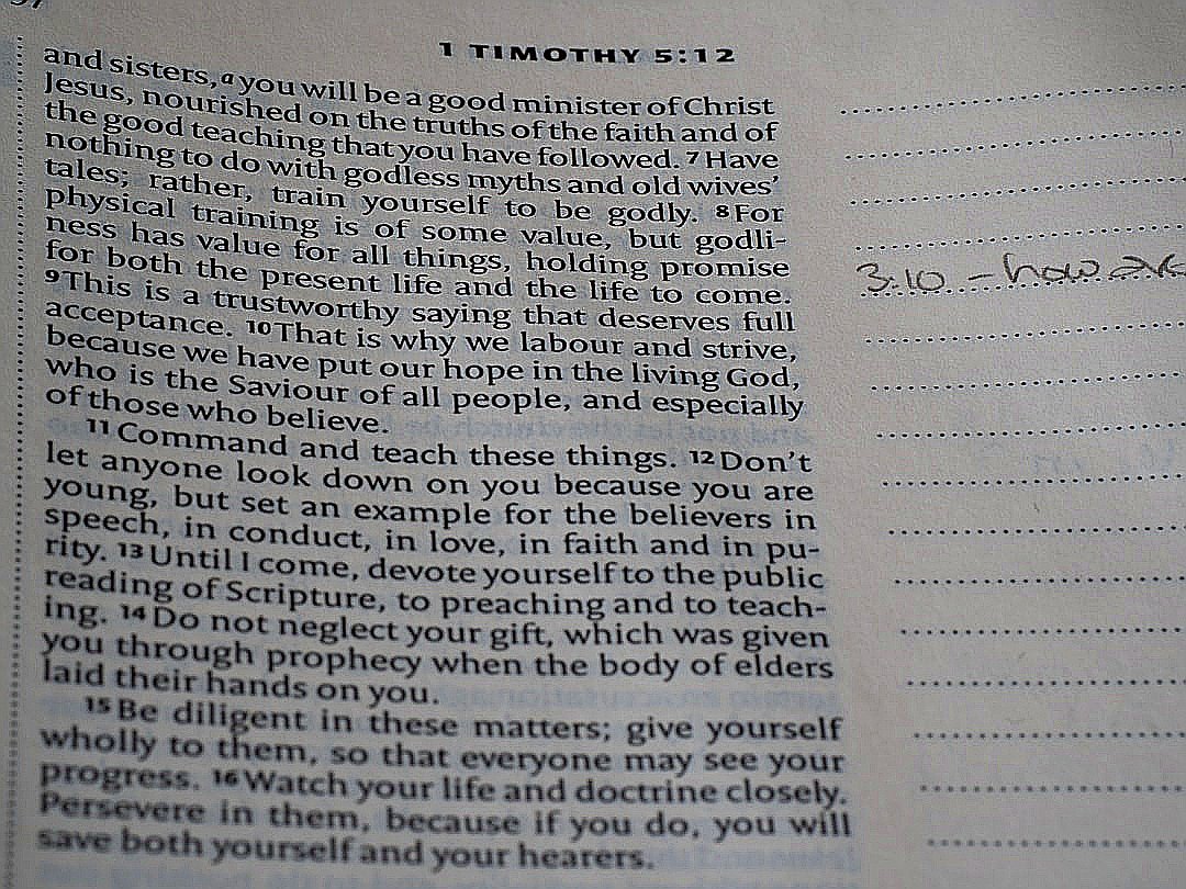 A passage from the bible, 1 timothy, with notes.