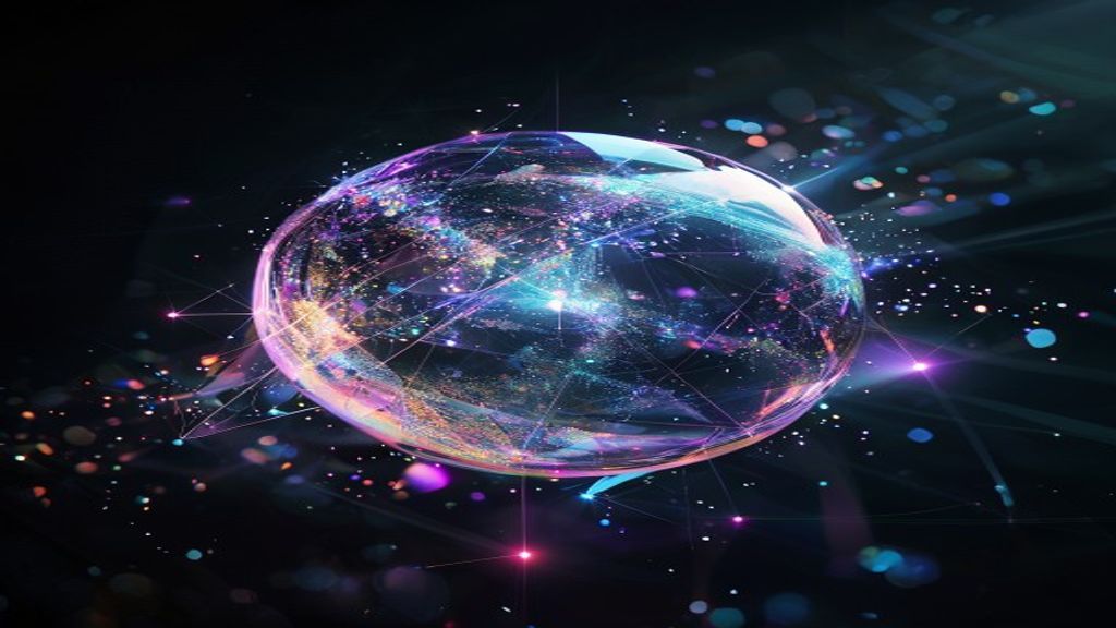 Modern abstract visualization of a luminous crystal sphere suspended in a dark void. Shimmering data streams orbit the c