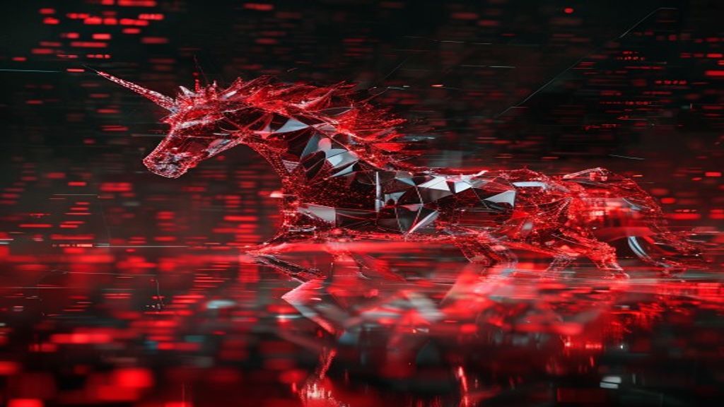 Modern abstract composition of a shattered crystal unicorn silhouette dissolving into a sea of red digital tickers. High