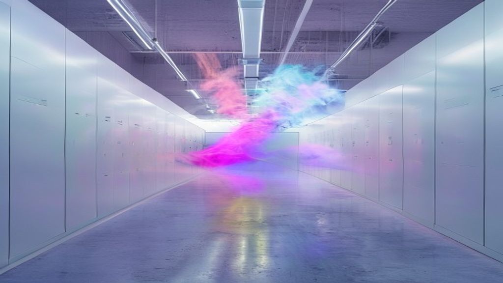Modern abstract scene in a minimalist white gallery. Colorful ethereal vapor trails are being sucked into grey, identica