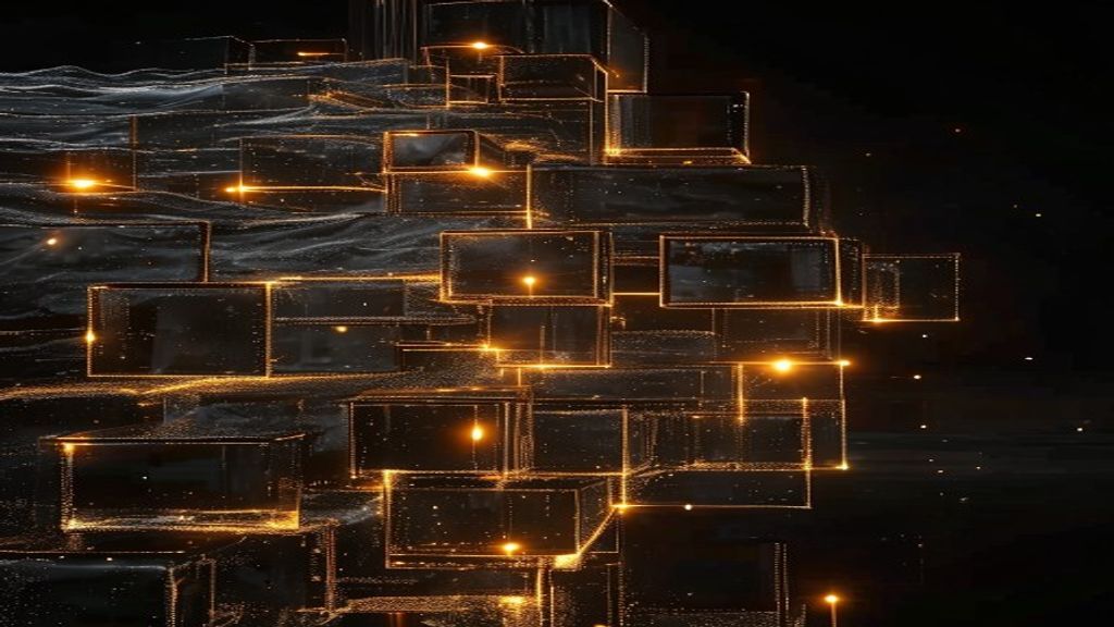 Abstract 3D visualization of a cascading wave of glowing glass cubes. The cubes follow a hidden geometric path, connecte