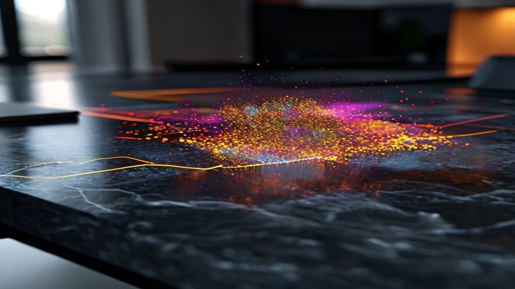 Cinematic close-up of a sleek, dark granite desk. A vibrant, holographic 3D scatter plot floats above the surface. Sharp