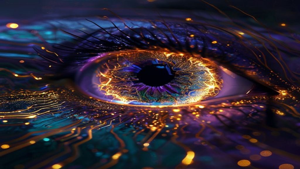Abstract 3D visualization of a silicon wafer transforming into a crystalline iris. Glowing light flows through intricate