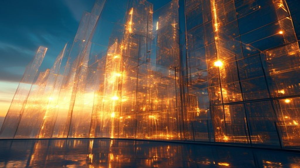Cinematic wide shot of a futuristic architectural structure made of glowing glass panels. Golden light beams connect ind
