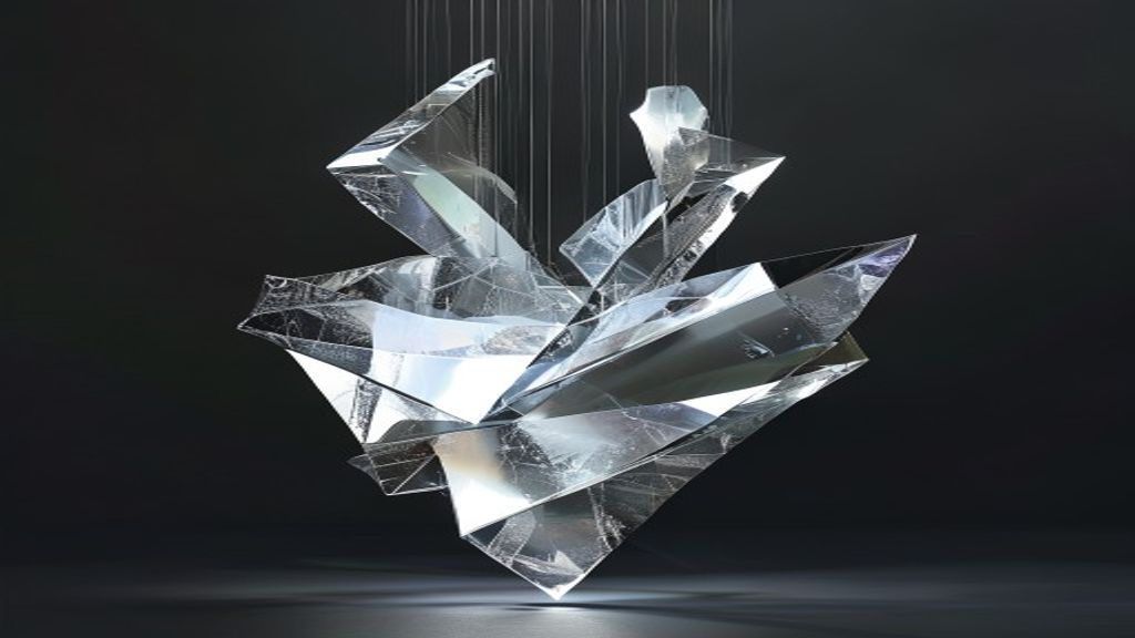 Modern abstract sculpture of translucent glass shards suspended in mid-air, illuminated by a central white light source.