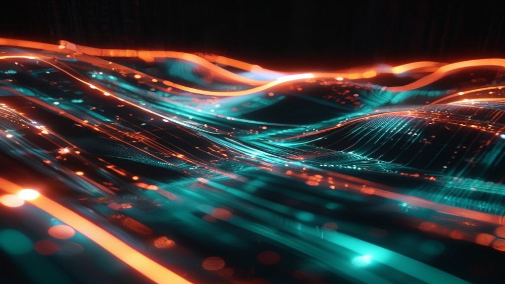 Modern abstract visualization of fluid data streams. Dynamic light trails in copper and teal forming a structured mathem