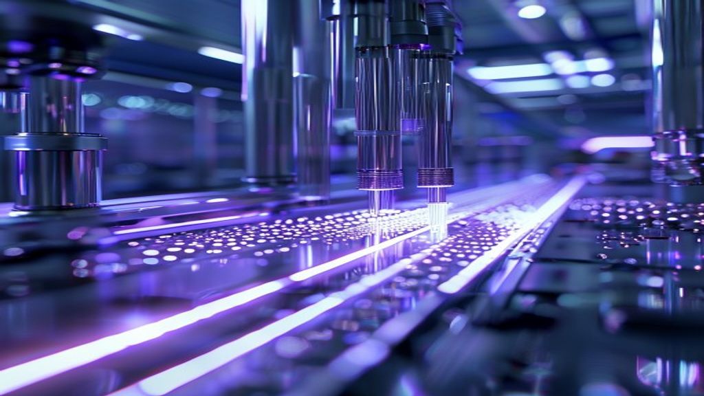 A futuristic laboratory setting with microscopic laser beams meticulously aligning glowing silver micro-filaments. High-