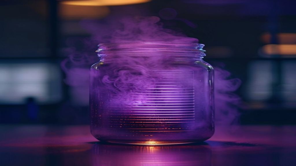 Cinematic macro photography of a glass jar containing a swirling, melancholic purple mist. The jar is being overlaid wit