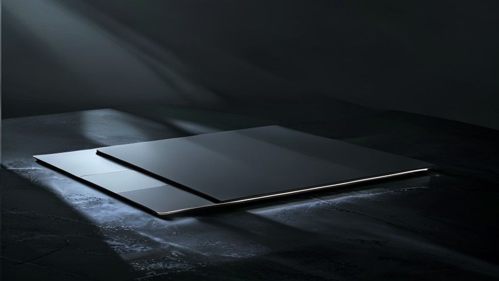 Minimalist modern abstract scene. A small powerful circuit board on a polished dark surface, casting a long glowing shad