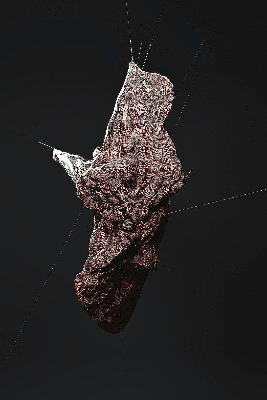 a piece of red material floating in the air