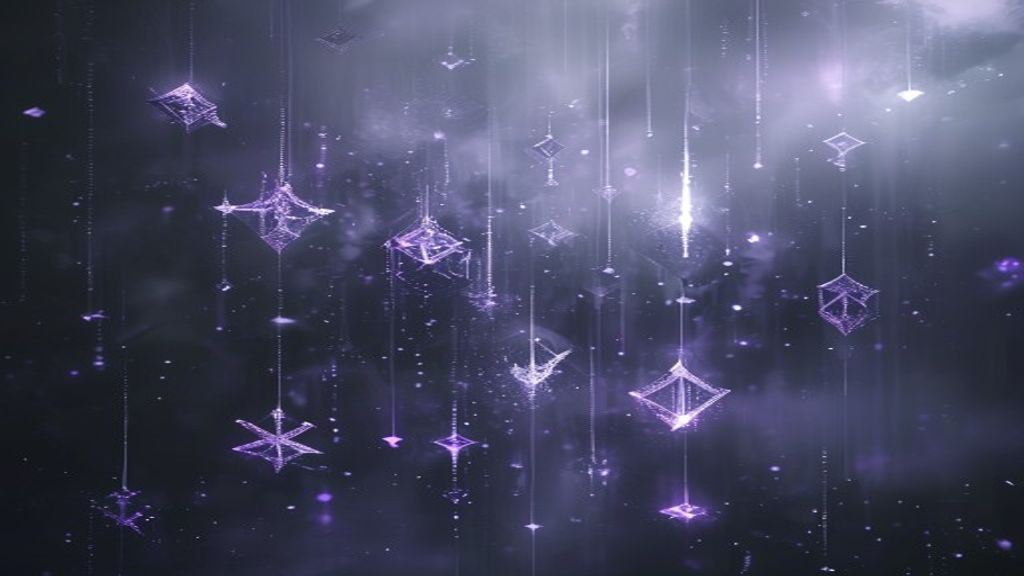 Ethereal holographic symbols suspended in a misty dark void. Shimmering prismatic light refracting through floating geom