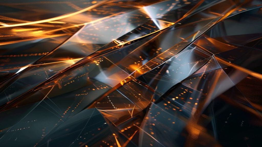 Modern abstract composition of translucent glass shards and flowing digital data streams. Warm amber and deep charcoal t