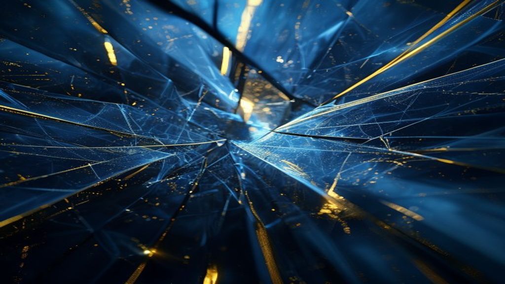 Abstract cinematic shot of a shimmering holographic web trapping a fractured prism of light. Deep midnight blue palette 