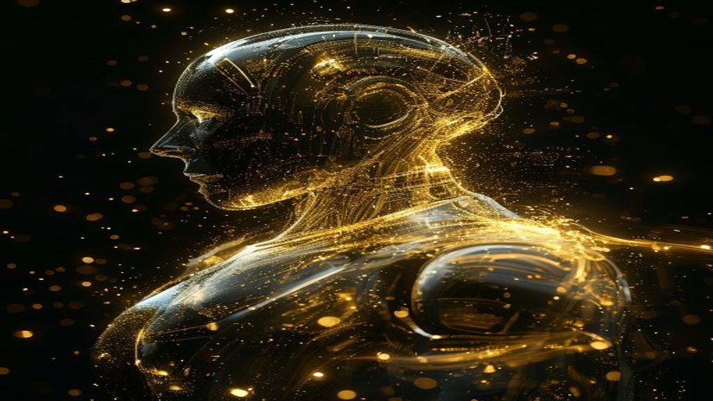 Abstract wide shot of a robotic silhouette integrating with a digital stream of golden light. Fluid, holographic energy 