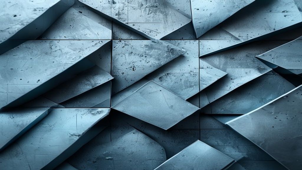 Modern abstract composition of floating brushed titanium geometric shards aligning into a perfect grid. Soft volumetric 