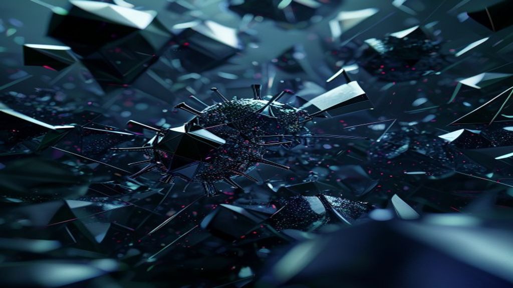 Abstract modern visualization of a digital virus: a swarm of geometric obsidian shards refracting prismatic light, float