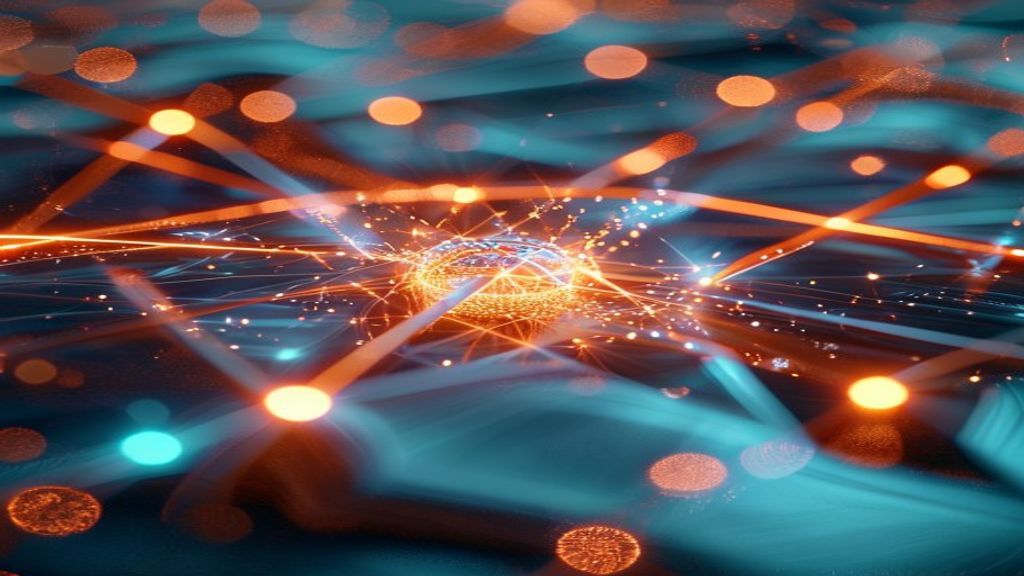 Abstract 3D visualization of a fiber-optic network. Shimmering translucent nodes connected by glowing copper threads. A 