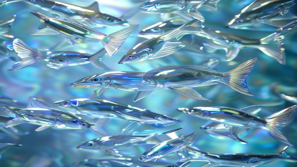 Abstract modern art piece showing a school of 128 translucent glass fish swimming through a sea of liquid silver and neo