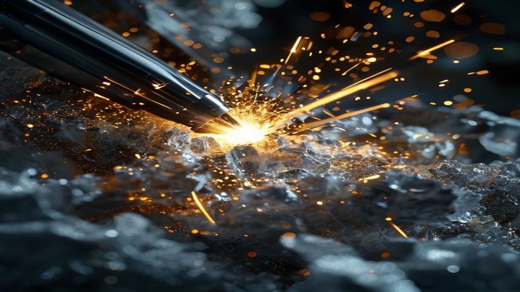 A macro shot of a complex crystalline structure being carved by a precise plasma beam. Sparks of gold and white light, d