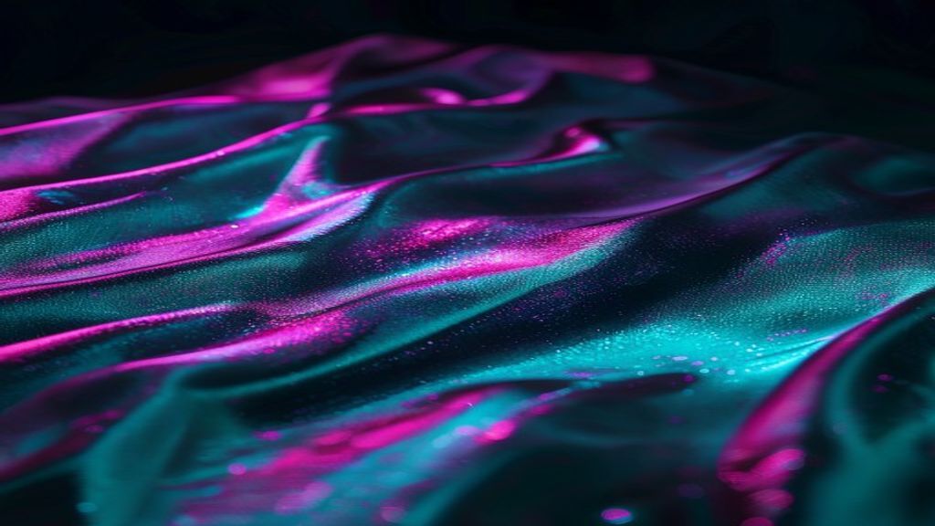 Cinematic shot of a minimalist t-shirt in a dark, high-tech environment. A sharp spotlight reveals shimmering, iridescen